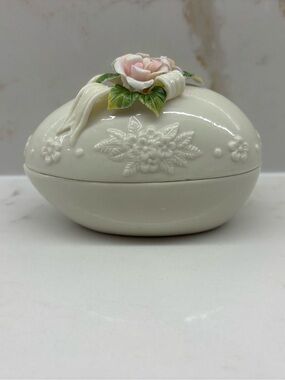 Vintage Egg Shaped Porcelain Floral Trinket Box with Bow Pink Rose Floral Accent